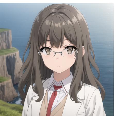 ((masterpiece)),(best quality),official art,extremely detailed CG,unity 8k wallpaper,ultra detailed,A lighthouse on a cliff by the sea,1girl,solo,upper body,(portrait:1.2),long_hair,glasses,labcoat,school_uniform,hands_in_pockets,looking_at_viewer,brown_hair,red_necktie,rimless_eyewear,brown_eyes,collared_shirt,pleated_skirt,black_skirt,white_shirt,brown vest,bangs,white socks,loafers,<lora:Futaba Rio(sby)>,