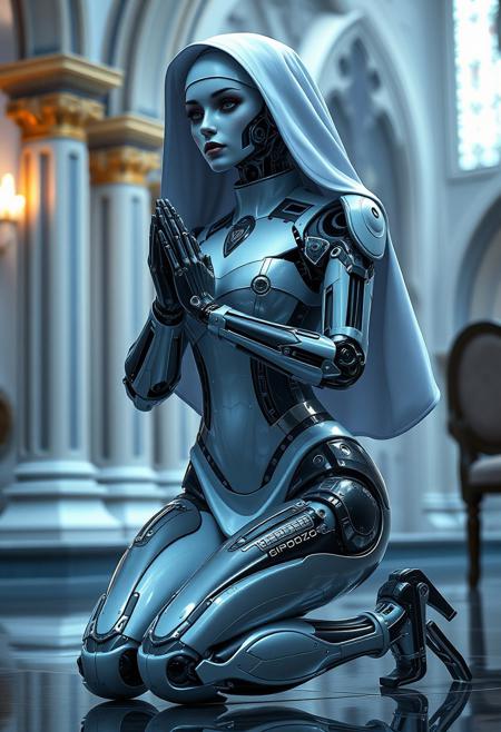 photo of robot nun, mechanic beautiful face, cybernetic implants, ultradetailed metal skin , full lips, praying on knees, nun tight outfit, sexy body, wide hips, thick thights, high heels, seducing pose, lot of detailes, futuristic cyberpung church, unreal engine