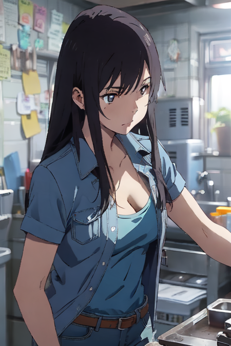 ,Natsumi_Suga,long hair, shirt, cleavage, open clothes, shirt, short sleeves, shorts, belt, short shorts, blue shirt, blue shorts