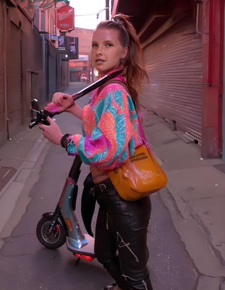 In a gritty, urban setting of neon-lit back alleys, Petra Davidson stands confidently with her guitar slung over one shoulder, a vibrant, psychedelic print shirt revealing intricate sleeve tattoos. She holds a steaming bowl of ramen in her uplifted hand, while her other hand clutches a vintage leather bag adorned with metal studs. Her hair, tied back with a colorful bandana, cascades down her back, catching the reflected light from a passing electric scooter. The emotional tone is one of determination and creativity, as she gazes off into the distance, her mask hanging loosely around her neck.