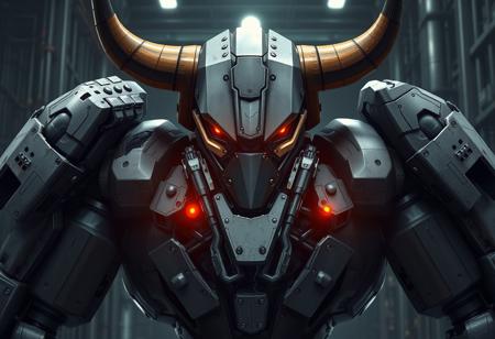 Create a close-up illustration of a robot with a broken, ruined armored core trunk, flexing large muscles, set against a dark factory background of mass production. The image should resemble a bull, with a focus on perfect symmetrical balance and golden ratio proportions. Incorporate elements of dark matter incarnate and thunderstrike, with a cyberpunk aesthetic inspired by the art of Baiōken Eishun and MC Escher. The style should be photorealistic, with extremely fine details and a chiaroscuro lighting effect. The image should be rendered in 8K resolution with a high level of realism, similar to an Unreal Engine illustration. Incorporate the likeness of Tom Selleck, with a focus on intense, dramatic expression.