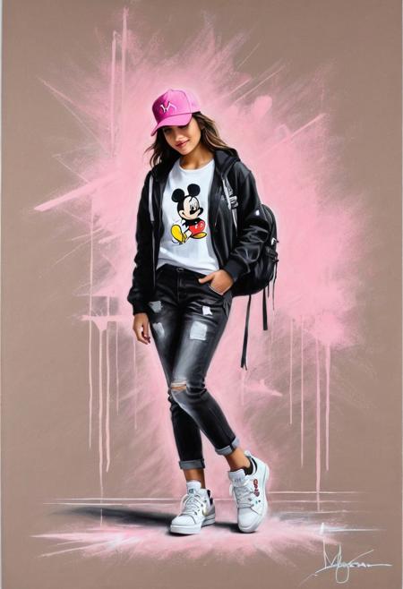 #pastel, #dry chalk drawing, #chalk on paper, #chalk shading, #chalk drawing, #tinted paper, #colored chalk drawing, #chalk shading,
Mickey Mouse style graffiti, with his signature pink hat and yellow bow tie. Mickey's girl is wearing a black jacket, black pants and black sneakers. She is carrying a backpack
style: Antonio Mora, Andre Cohn, Arthur Bordalo, Bob Ringwood, Benedick Bana,