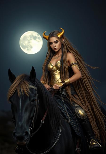 Latina girl, semi pointy ears, golden hair, gold eyes, golden eyes, golden curled horns pointing down, golden horns, dreadlocks, lots of hair, golden dreadlocks, full moon in background, moon shining light on girl, dark background, girl and horse on top of a hill, 1 horse, horse on back 2 Leah’s front legs in the air
BREAK, 
Dramatic lighting, girl riding black horse, black horse with armor, horse has glowing gold eyes, horse on back 2 legs girl on horses back, girl has gold eyes, horse trotting, girl holding reins,
BREAK,
huge natural tits, sparkling gold bra, girl has skimpy gold armor, horse on hind legs, mystical look
BREAK,
big natural boobs, beautiful face, massive tits, thin waist big ass, massive realistic boobs