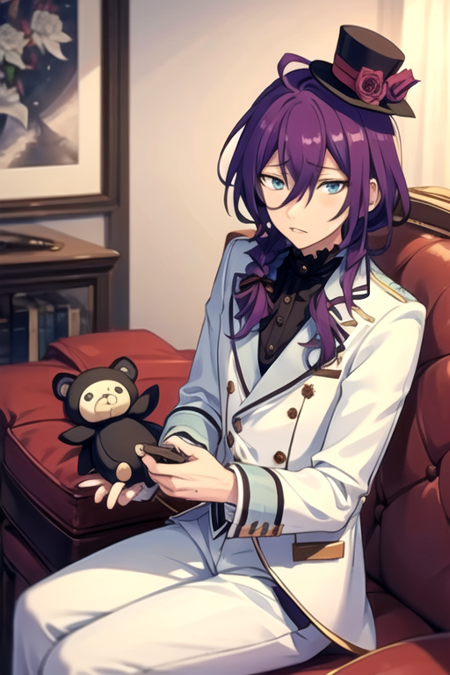 <lora:Mayoi-05:0.7> ,mayoi, solo, looking at viewer, blue eyes, long sleeves, 1boy, hat, hair between eyes, sitting, purple hair, flower, male focus, frills, rose, stuffed toy, stuffed animal, mini hat, blurry foreground, top hat