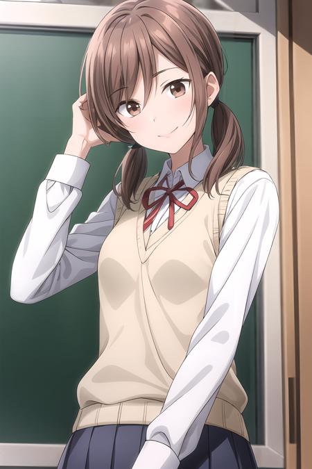 masterpiece, 1girl, bangs, brown eyes, brown hair, low twintails, medium hair, school uniform, vest, looking at viewer, smile, cowboy shot,  solo, kikuchi_akane