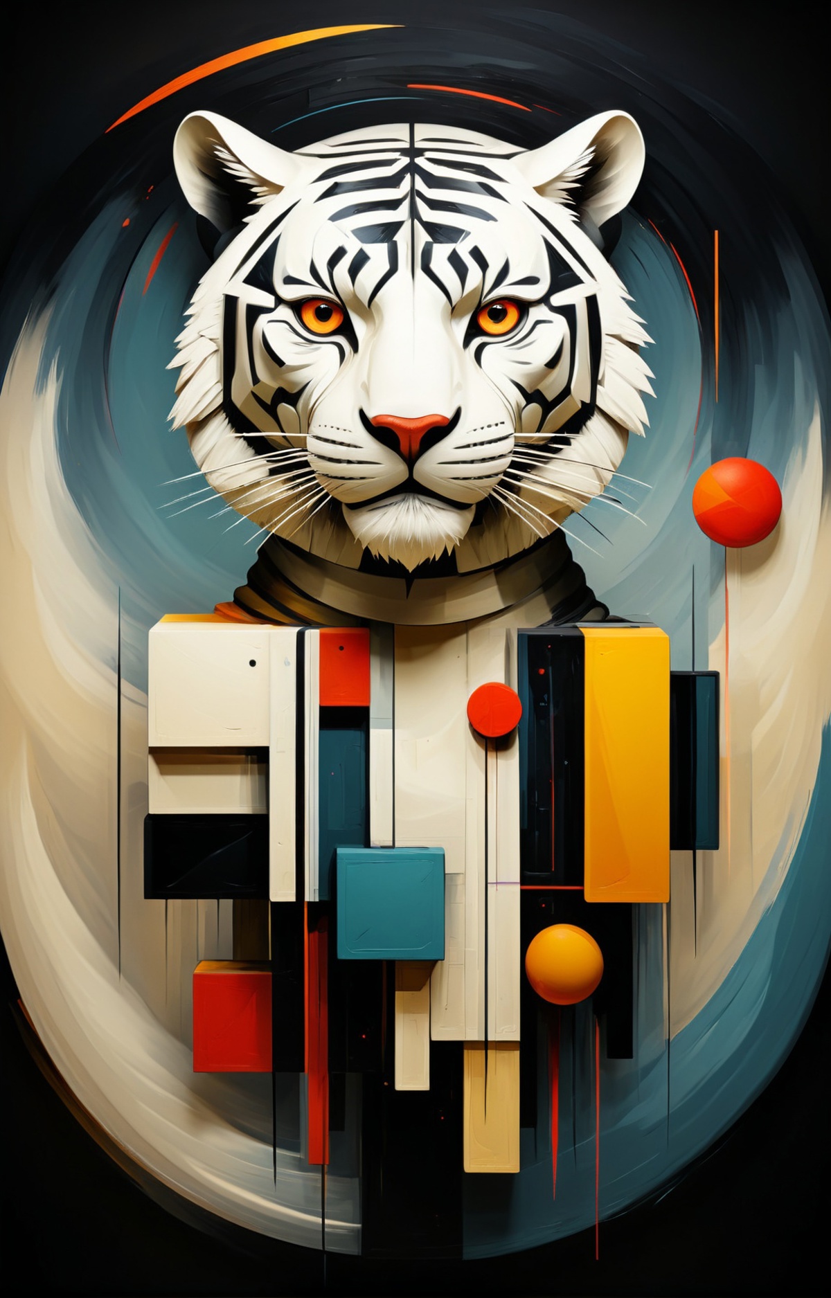 A colorful painting of a tiger with red eyes and a white, black, and orange background.