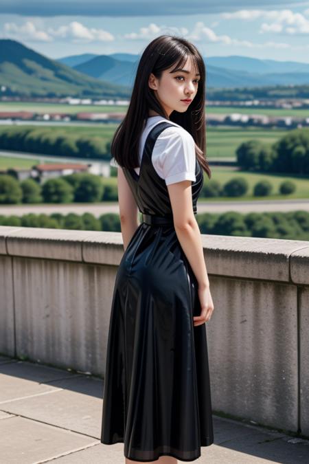 1 woman, 22yo,  realistic, masterpiece, high detailed skin, looking at viewer, full body shot, scenic view, long hair, black hair
<lora:Latex_Pinafore_School_Dress_By_Stable_Yogi:0.8> black latex pattern pinafore dress, school dress, long skirt, red bowtie, belt