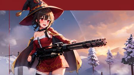 1girl,solo,breath,open mouth,standing,m134minigun,holding gun,aiming,megumin , red eyes, bandaged leg, single thighhigh, red dress, belt, bare shoulders, brown hair, short hair with long locks,collar, closed mouth, collarbone, choker, asymmetrical legwear, cowboy shot, long sleeves, mismatched legwear,smile, cape, witch hat,snow,winter, <lora:m134v51024:.9>,<lora:megumin:1>