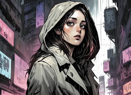 (a girl with a beautiful face), nighttime, cyberpunk city, dark, raining, neon lights ((,Wearing a blazer over a hoodie)), blazer, hoodie, (<lora:itoStyleLycoris:0.5>,<lora:DiscoDeliriumXL-v1.2:0.5> disco elysium ), cyberpunk, synthwave, 1980s, futurism, brutalism, neuromancer, cinematic photo in a zeppelin, Pastels, Chiaroscuro,Amid the ruins of a once-majestic fortress, a soldier pauses, her silhouette ghostly against the backdrop of shifting terrains that oscillate between detailed battle maps and molten landscapes, Tornado, Barren trees, Menacing,