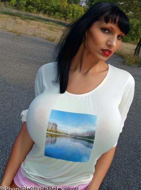 <lora:PBDi4m0nd_v1:1>,detailed, photorealistic,  (high quality:1.3), (high resolution:1.3), young caucasian black hair PBDi4m0nd woman in long t-shirt, looking at the viewer, big breasts