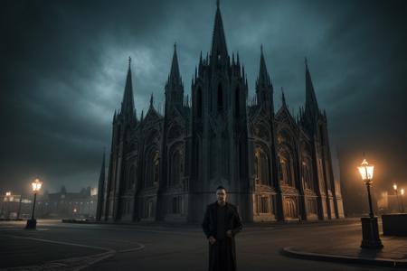 raw photo of a town with a nightmarish blend of gothic and surreal architecture where buildings twist and contort in impossible ways. The protagonist, John Trent, stands in the center, bewildered and disheveled, clutching a copy of Sutter Cane's book, his face a mix of fear and disbelief. The sky above is a swirling maelstrom of dark clouds and unnatural colors, with hints of sinister creatures lurking. The streets are deserted, lined with flickering streetlamps casting long, moving shadows. Foreboding signs, symbols, and cryptic writings adorn the contorted buildings. In the background looms the imposing black church from the film, with sharp angles and an aura of foreboding. Scattered pages from Cane's books flutter around Trent in a wind carrying whispers of madness, embodying a world where fiction and reality are shattered, inviting a deep sense of terror and the unknown