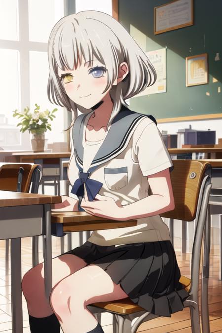 best quality, masterpiece, highres, solo, {kaname_rana_bangdreamitsmygo:1.15}, short_hair, bangs, blush, grey_hair, collarbone, closed_mouth, yellow_eyes, heterochromia, instrument, smile, blue_eyes, 2girls, indoors, multiple_girls, short_sleeves, sitting, school_uniform, sailor_collar, shirt, solo_focus, white_hair, chair, closed_eyes, serafuku, skirt, sweater_vest