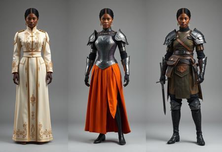 The image represents three variants of women's clothing, presumably uniforms or costumes for a japanese epic fantasy film.
On the left: A formal uniform - a long cream-colored dress with gold embroidery and decorative elements.
In the center: An elite uniform - a combination of armor (cuirass, bracers) with an orange skirt that opens one leg.
On the right: The armor of an Elite warrior is a combination of a vest, shirt, trousers and high boots, complemented by belts, a bag and gloves.
All three clothing options are shown on the same female figure with the same hairstyle. She is african. There is no interaction between objects, no actions take place. Context is the presentation of various costume options, perhaps for a , movie. Photography studio style
