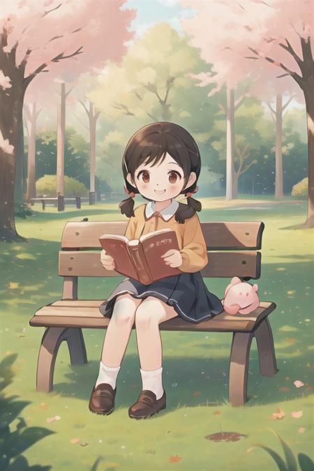 (masterpiece), (best quality), (extremely detailed), photo realistic, ((A child,small cute plush ball erringsï¼pigtailsï¼jumper skirt, A charming smile, reading picture-story book)), Parks, lawns, cherry trees, benches,