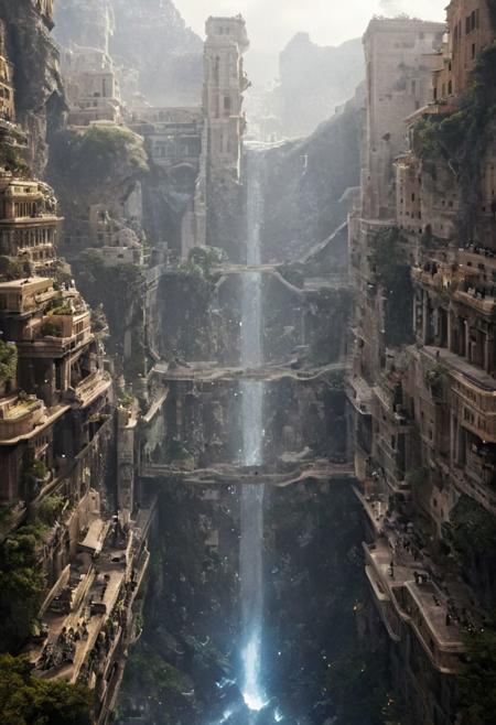 POV view , DOF,
(Ancient civilization, Alien Prometheus movie scene, dune movie scene:1.5), (The colonial city of the future, in the mist-filled Grand Canyon, on an unknown Earth-like planet, 2 moon on sky, Spaceship flight connects colonies, waterfulls:1.3), (Machu Picchu, a mountain settlement, incredibly spectacular:1.2), (Mario Botta:1.3), (avant-garde, future, reality, science fiction, photorealistic), (modern architecture:1.2), White limestone with black granite, fountain, waterfall, landmark, square, path, narrow street,
(Large Files, Ultra Realistic, 8K, 16k, FHD, HD, VFX, Perfect, Photography, composition, Architecture Sales Photography, Architecture Competition, Ultra High Resolution, Cinematography, High Resolution Image:1.1), (dramatic lighting, direct sunlight, ray tracing, clear shadow:1.2),  (real landscape:1.1), (blurred background:1.0), (urban background, more_details) ,
great lighting, clear, hillscastel, <stardeaf-cold-arc>, xtower, industrialbuilding