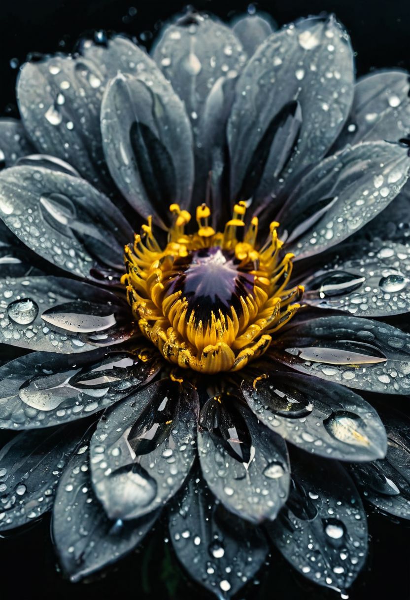 gothic style yellow flower with water droplets on it in the middle of the petals, a macro photograph by pinchus kremegne, unsplash, art photography, 35mm macro shot, 35 mm macro shot, hd macro photographs . dark, mysterious, haunting, dramatic, ornate, detailed High-key lighting Style,[background made from blackopal]