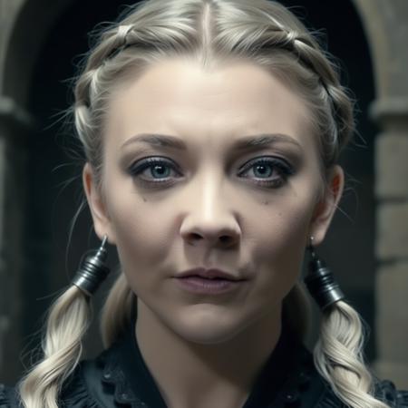 photo of (ohwx woman) as Wednesday Adamas, wearing gothic clothes, braided pigtails, in a castle, sharp focus, looking at the camera, makeup, cinematic look, <lora:NatalieDormer:1>