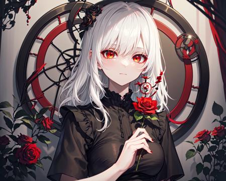 (best quality, masterpiece), (1girl, solo, black dress, standing , looking at viewer, white hair, red eyes, holding rose, closed mouth, upper body), (red dreamcatcher behind, red flower, )