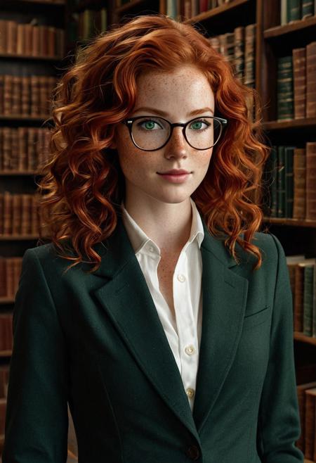 A naturally stunning female historian stands in full view in the center of an old, book-filled library. She wears stylish nerdy glasses that frame her sharp green eyes, which are filled with quiet intelligence and calm focus. Her thick, softly curled red hair falls loosely to her shoulders. Her fair skin is covered in countless freckles — across her cheeks, nose, forehead, and even arms. She wears a tailored blazer, a light blouse, and dark trousers — the composed, elegant attire of a modern academic. A faint smile rests on her lips and subtly brightens her eyes. The soft cinematic lighting brings out every pore and texture, casting gentle shadows and emphasizing the freckles and her poised figure. She stands with confidence, looking directly at the viewer, exuding quiet charm and intellectual presence.