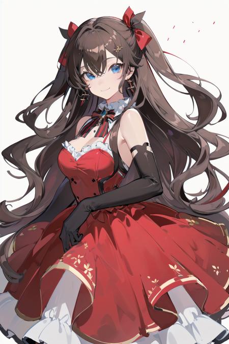 -siki, 1girl, solo, ichinose shiki, red dress, long hair, blue eyes, gloves, dress, elbow gloves, simple background, looking at viewer, red bow, jewelry, bow, white background, brown hair, hair bow, earrings, brooch, smile, two side up, breasts, black gloves, bangs, sleeveless, striped bow, wavy hair, medium breasts, frills, hair between eyes, red bowtie, neck ribbon, ribbon, bare shoulders, sleeveless dress, striped, bowtie, closed mouth, frilled dress<lora:siki-000018:0.8>,