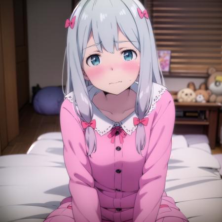 best quality, (masterpiece:1.2), highly detailed, indoors, bedroom, anime style, stuffed animal, stuffed toy, teddy bear,
1girl, solo, <lora:chara_Eromanga-sensei_Sagiri_v1:0.7>, sagiri, closed mouth, wavy mouth, blush, nose blush, looking at the viewer, sitting, on bed,
grey hair, long hair, blue eyes, pink bow, hair bow, pajamas