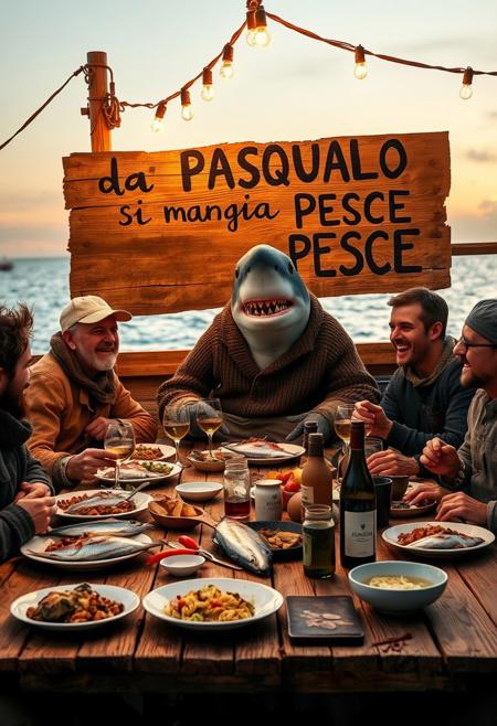 An Italianized humanoid shark named ‘Pasqualo,’ with a muscular body, gray shark-like skin, and sharp teeth, sits at a large wooden table on a seaside pier during sunset. He has black eyes, a prominent dorsal fin, and a friendly grin. Dressed in a rugged fisherman’s outfit, including a weathered wool sweater, rolled-up pants, and boots, Pasqualo blends seamlessly into the scene with his human fisherman friends. They laugh and chat around the table, their sun-baked skin and salt-worn clothes reflecting a life spent at sea.
The table is covered with rustic Italian seafood dishes: grilled fish, steaming bowls of pasta, crusty bread, and wine bottles. Half-filled glasses suggest recent toasts, and plates are scattered in a laid-back, festive atmosphere. Overhead, warm string lights cast a golden glow on the gathering.
In the background, a large wooden sign, slightly worn and hand-painted, reads ‘da PASQUALO si mangia PESCE.’ It’s mounted on a weathered post with a couple of seagulls perched on top. The sea behind them is calm, with fishing boats gently rocking in the harbor. The setting captures the authentic feel of an old Italian coastal town, with Pasqualo smiling and enjoying the meal with his closest friends, blending the fantastical with the familiar and realistic.