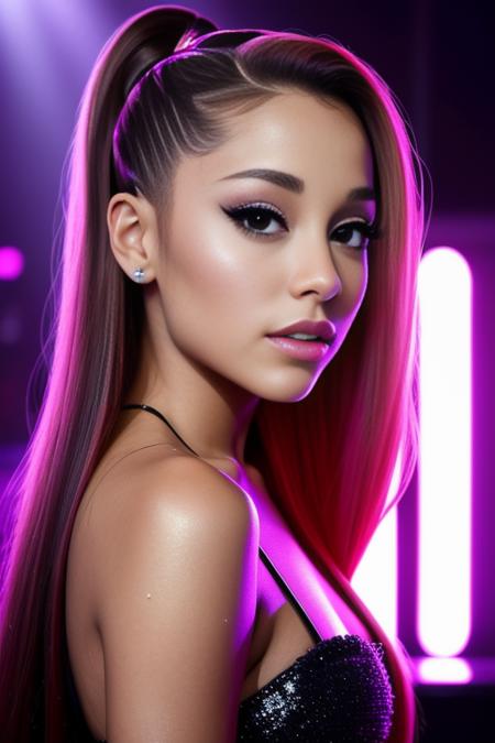 portrait photo of ariana-10000 beautiful woman hair updo upsweep nightclub sitting at bar (masterpiece) (best quality) (detailed) (8k) (HDR) (wallpaper) (cinematic lighting) (sharp focus) (intricate)