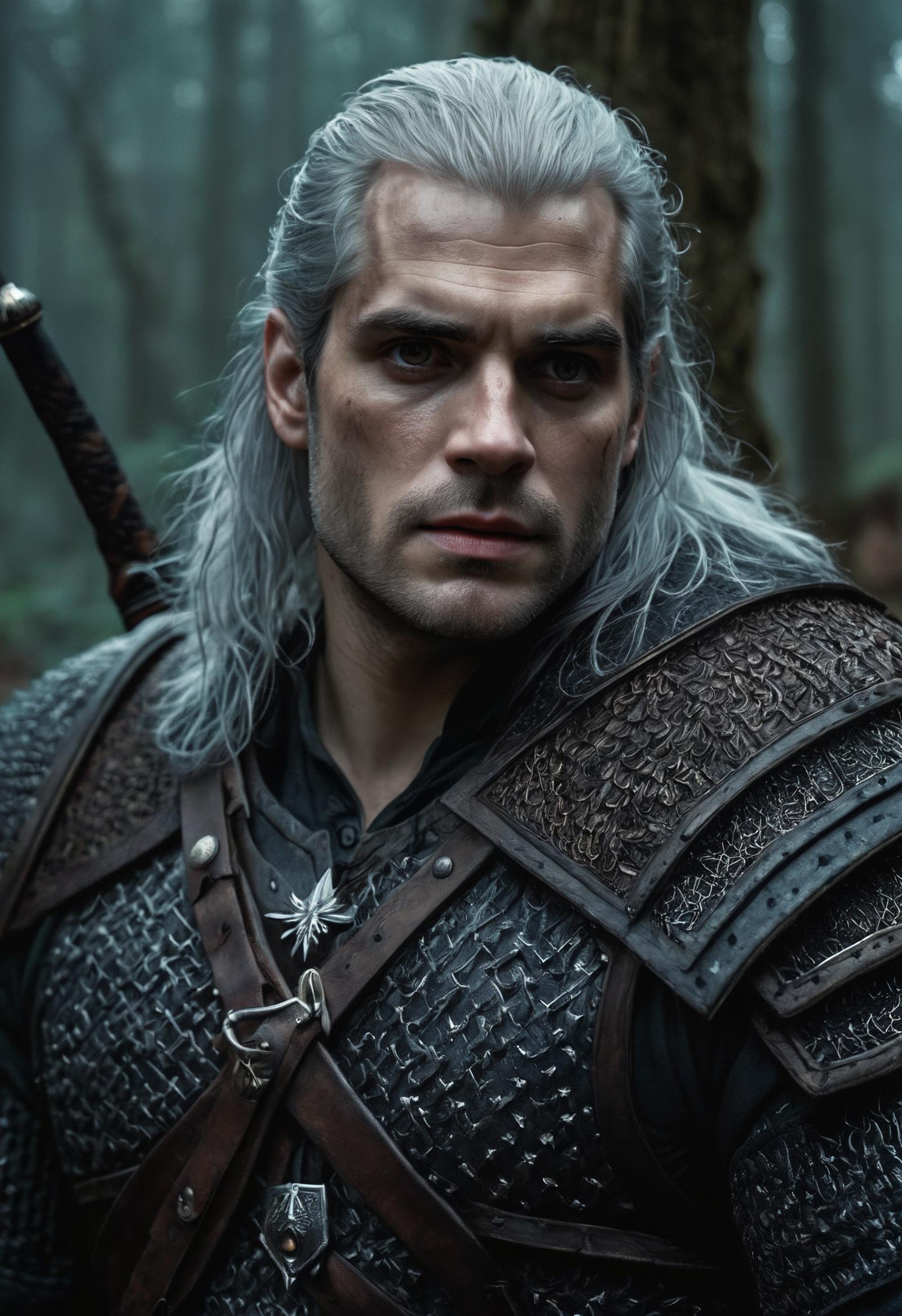 A man with long white hair and a beard wearing a black shirt and a chainmail shirt.