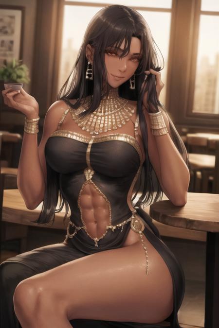 mature_female, solo, cafe, table, sitting, perfect face, black_hair, red_eyes, large_breasts, very_long_hair, smile, dark_skin, dark-skinned_female, (Masterpiece, Best Quality:1.2), egyptian, abs, black_dress, <lora:ERO404-02:1.0>