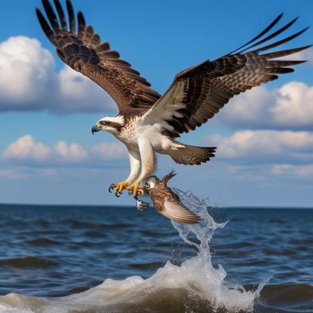 osprey eagle in flight rushing into the sea with a fish in its paws, blue sky background with cumulo-nimbus cloud, photography very realist