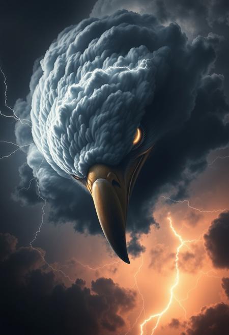 A dark, stormy sky forms the shape of a colossal eagle’s face in the clouds, its eyes glowing with a supernatural light. Lightning crackles around its head, highlighting the fierce expression carved into the swirling cloud mass. The beak is sharp and pronounced, formed by twisting currents of dark vapor. Thunder rumbles in the background as the sky glows with moody, cinematic lighting. The focus is on the face — powerful, intense, and majestic. High detail, dramatic atmosphere, fantasy storm, ethereal energy.