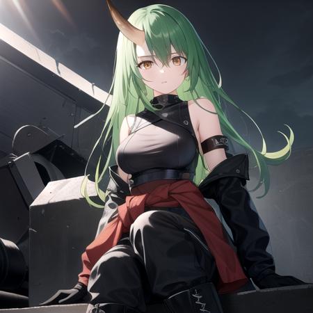 ((masterpiece)),(best quality),official art,extremely detailed CG,unity 8k wallpaper,ultra detailed,perfect lighting,1girl,solo,upper body,very_long_hair,green_hair,single_horn,black_footwear,boots,black_gloves,oni_horns,looking_at_viewer,armor,arm_ribbon,black_shirt,breastplate,clothes_around_waist,hair_between_eyes,sleeveless_shirt,jacket_around_waist,black_pants,yellow_eyes,knee_pads,black_ribbon,bare_shoulders,cross-laced_footwear,high_collar,straight_hair,bangs,large_breasts,armband,black_jacket,<lora:Hoshiguma(ark)>,