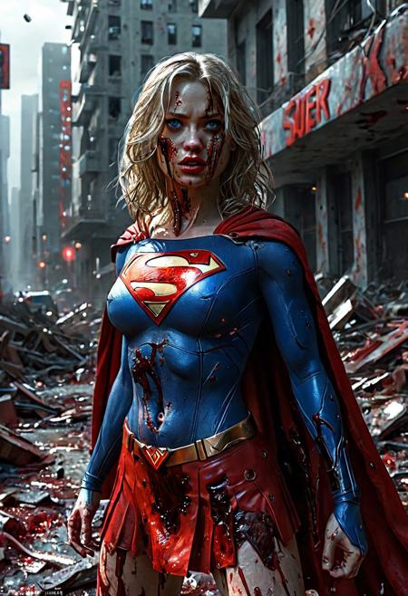 High resolution ultra-realistic of beautiful Supergirl with wavy blolnde hair, Greg Rutkowski, Intricately Designed Handsome dirty bloody face, Realistic beautiful bllue eyes, Atrractive 21 years old woman, dark sci-fi elements, Standing in the middle of a bloody battle on the battlefield, Streets of a metropolis full of debris, in a fighting pose, Intricately designed tight Blood-stained combat costume, red mini skirt, red cape, heroic stance, DC Comics, Realistic Firm breasts, 8K, ultra-realistic body, bloody realistic costume, Supergirl covered in blood on her body, realistic red lips, adding to the intense and dynamic atmosphere of the scene, without makeup, Asymmetrical Balance, hyperdetailed painting, dynamic lighting, adding to the intense and dynamic atmosphere of the scene, complex masterpiece