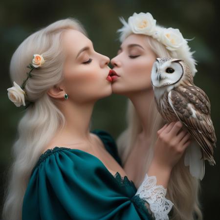 A close-up portrait photograph captures a beautiful young woman and a vibrant owl in an intimate moment. The woman, 
positioned on the right side of the image, 
wears a flowing, 
deep teal gown with puffy sleeves and intricate lace details along the edges of the shoulders and sleeves. Her long platinum blonde hair with a small green heart-shaped accessory. Her serene expression, 
with closed eyes, 
adds to the tranquil atmosphere as she holds a vivid red rose close to her lips. The owl, 
perched on a branch to the left, 
displays brilliant white feathers on its head and body, 
transitioning to peach-color on its tail, 
Its beak is open as it appears to be nibbling gently at the rose petals. The background is softly blurred, 
consisting of dark green hues suggesting a forest setting, 
which enhances the focus on the subjects. The lighting is soft and diffused, 
creating a dreamy, 
ethereal quality to the scene and highlighting the textures of the feathers and the delicate petals of the rose. The overall composition is balanced and intimate, 
with high contrast and saturation emphasizing the vivid colors of the owl and the rose, 
while the shallow depth of field keeps the main subjects in sharp focus against the dreamy, 
blurred background.by Galr Dfh