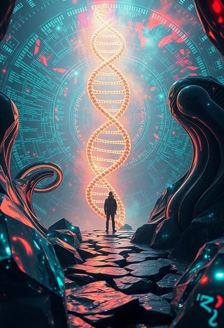Peer into a realm where nanotechnology art converges with cyberpunk futurism. In a virtual reality setting, a lone hacker stands amidst a swirling vortex of holographic code, futuristic UI, and virtual landscapes. The surreal scene unfolds through an Augmented Reality Lens, as if viewed through a 4K-resolution interface. The DNA double helix structure at the heart of this fantastical landscape radiates an otherworldly glow, casting an ethereal light on the surrounding crystal glass and curved metal formations. The mysterious colors and luminescent hues evoke a sense of wonder, beckoning the viewer to immerse themselves in this mesmerizing world.