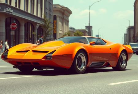 Concept super car, (1970's wedge car design), city street