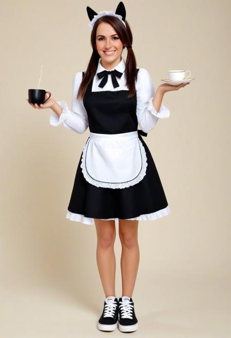 amonitto artist style, umamusume, smart_falcon_\(umamusume\), highres, 1girl, alternate_costume, animal_ears, apron, black_dress, blush, brown_eyes, brown_hair, collared_dress, cup, dress, enmaided, full_body, grin, high_tops, holding, holding_tray, horse_ears, horse_girl, horse_tail, long_sleeves, anime screencap,looking_at_viewer, maid, maid_apron, maid_headdress, petticoat, saucer, shoes, skirt_hold, smile, sneakers, solo, tail, tea_set, Atai,teacup, teapot, tray, twintails, white_shoes
