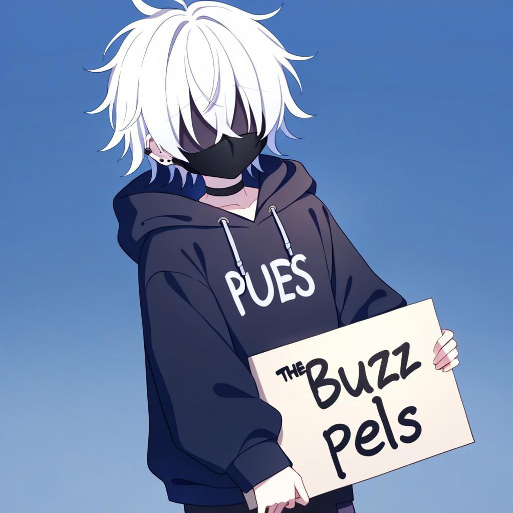 1boy, pale white skin, black choker, white hair, messy hair, black hoodie, black pants, hair covering eyes, emo boy eyeless, black mouth mask, cute, black stud earrings, English text, Holding a sign that reads the text: "buzz pls", handwritten text,