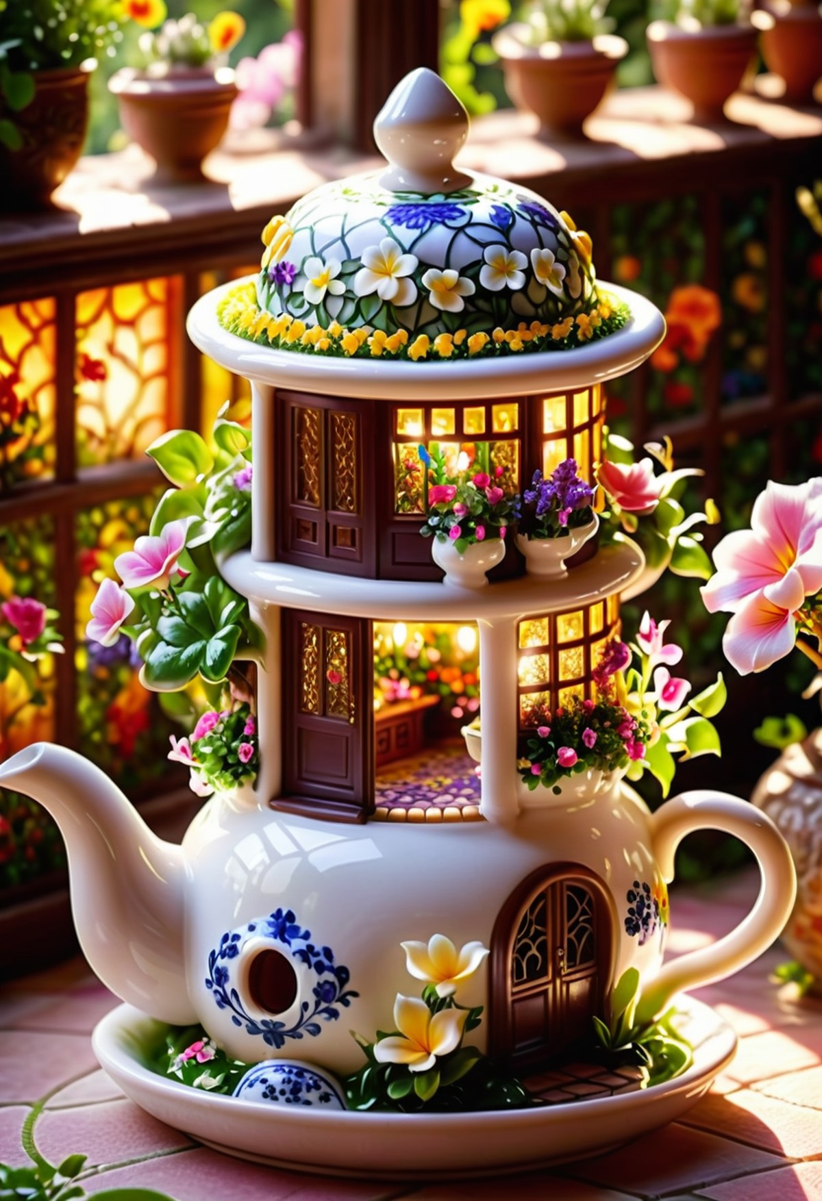cinematic photo Inside a cozy teapot house, the image depicts a majestic garden filled with colorful flowers and vines. Th...