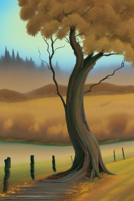 High detail landscape painting in the style of b0b <lora:BobRoss1:0.75>, huge twisted tree trunk with autumn foliage, rolling hills and forests in the distance, crooked fence posts,
8k high definition, highest quality, masterpiece, best quality, 8k, HDR, beauty, ultra-detailed, amazing,