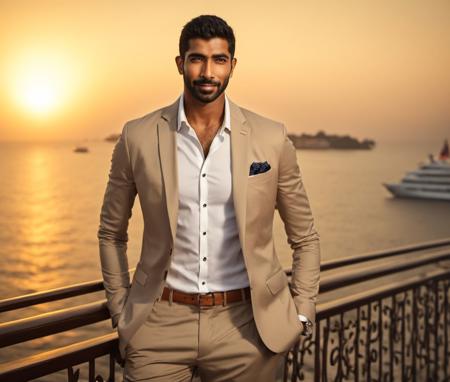 Nautical-themed (Photo:1.3) of (Ultrarealistic:1.3) <lora:Man_Men_FFashion:1> Sendhil Ramamurthy a man <lora:Jasprit-Bumrah_Sendhil-Ramamurthy:0.8> in a tan suit standing on a balcony, handsome man, attractive man, handsome male, sun behind him, inspired by Pablo Munoz Gomez, shot at golden hour, editorial photograph, midshot of a hunky, by Roman Bezpalkiv, by Artur Tarnowski, maxim sukharev, by Gabor Szikszai,Highly Detailed,(Mono Color:1.3) . Sea, ocean, ships, maritime, beach, marine life, highly detailed