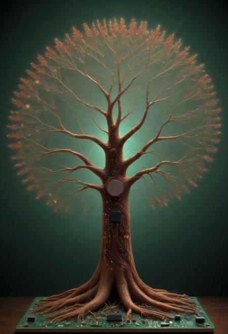 (sacred weirwood red leaves tree made entirely of circuit traces:1.5), (glowing leaves shaped like microchips:1.4), copper branches, root system merging with a PCB board, (techno-nature fusion:1.3), glowing moss-like transistors, high realism, soft light rays through canopy, subtle green and gold hues, reflective metallic bark, serene but advanced, (TzigoCBS), lazympos, lazyneg, lazyxxx