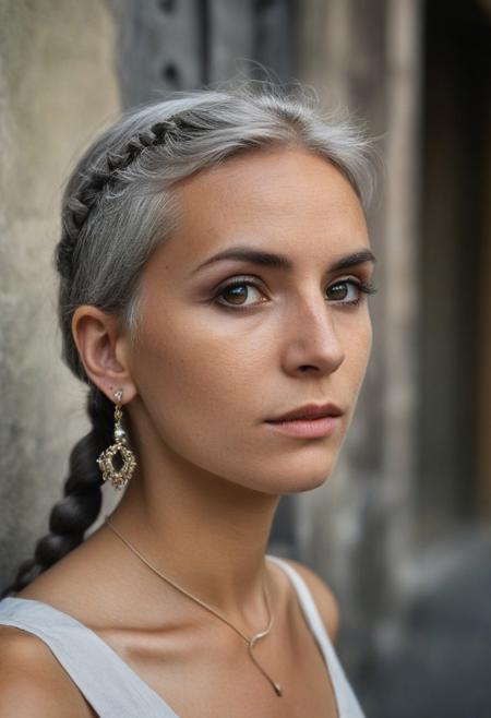 Photography in (stvmccrr style), analog film, film grain, kodachrome, natural lighting, 8k, hdr, masterpiece, award winning photography, (frieren, pointy ears, elf, earrings, twintails, parted bangs, grey hair, thick eyebrows), ancient roman street corner