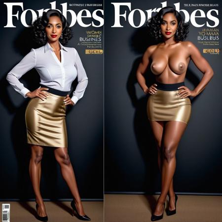 onoff, Forbes magazine cover, a woman wearing a business blouse and (pencil skirt:0.8), full body shot, gold lipstick, curly black hair, updo, pantyhose, dark skin