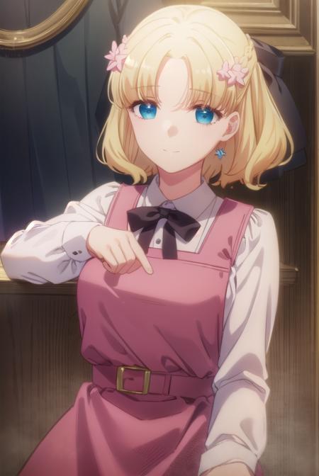 mariacampbell, <lora:maria campbell s2-lora-nochekaiser:1>,
maria campbell, short hair, blue eyes, blonde hair, hair ornament, flower, hair flower, (parted bangs:1.5), smile,
BREAK shirt, long sleeves, dress, bow, white shirt, belt, bowtie, pink dress,
BREAK indoors,
BREAK looking at viewer, (cowboy shot:1.5),
BREAK <lyco:GoodHands-beta2:1>, (masterpiece:1.2), best quality, high resolution, unity 8k wallpaper, (illustration:0.8), (beautiful detailed eyes:1.6), extremely detailed face, perfect lighting, extremely detailed CG, (perfect hands, perfect anatomy),