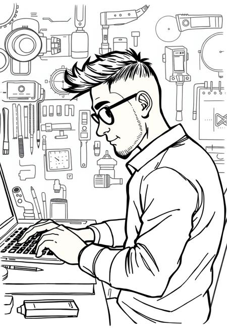 a fast drawn toon sketch of a man working on a laptop. many tools and high-tech. over the shoulder shot
