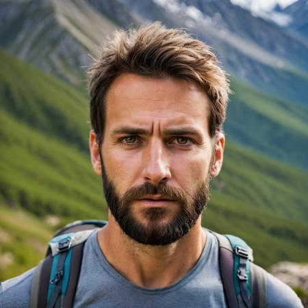 Outdoor natural light, rugged mountain background blurred, wearing hiking gear, a light beard, sweat on forehead, determined look, clear focus on intense eyes, natural colors, crisp, clean air ambiance.