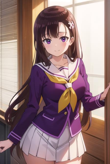 hitomihino, <lora:hitomi hino s1-lora-nochekaiser:1>,
hitomi hino, long hair, black hair, hair ornament, (purple eyes:1.1), smile,
BREAK skirt, school uniform, pleated skirt, serafuku, white skirt, shirt, purple shirt, sailor collar, white sailor collar, long sleeves, neckerchief, yellow neckerchief,
BREAK indoors, classroom,
BREAK looking at viewer, (cowboy shot:1.5),
BREAK <lyco:GoodHands-beta2:1>, (masterpiece:1.2), best quality, high resolution, unity 8k wallpaper, (illustration:0.8), (beautiful detailed eyes:1.6), extremely detailed face, perfect lighting, extremely detailed CG, (perfect hands, perfect anatomy),