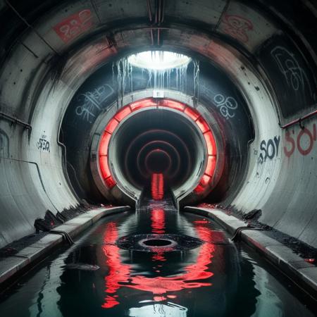 a massive circular sewer chamber with concentric walkways, broken grates dripping black water, graffiti faded across the moldy concrete, tunnel mouths yawning like blind eyes, faint red emergency light flickering across the sludge pool, sewer tunnel, creepy, dirty, reflection