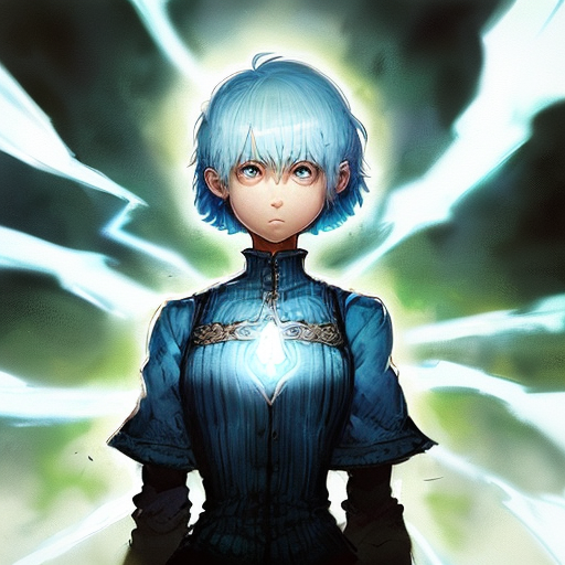 woman with (light blue hair:1.2, (very short hair:1.5),), (big hair:1.3) with glowing lights on her chest, Artgerm, stanle...